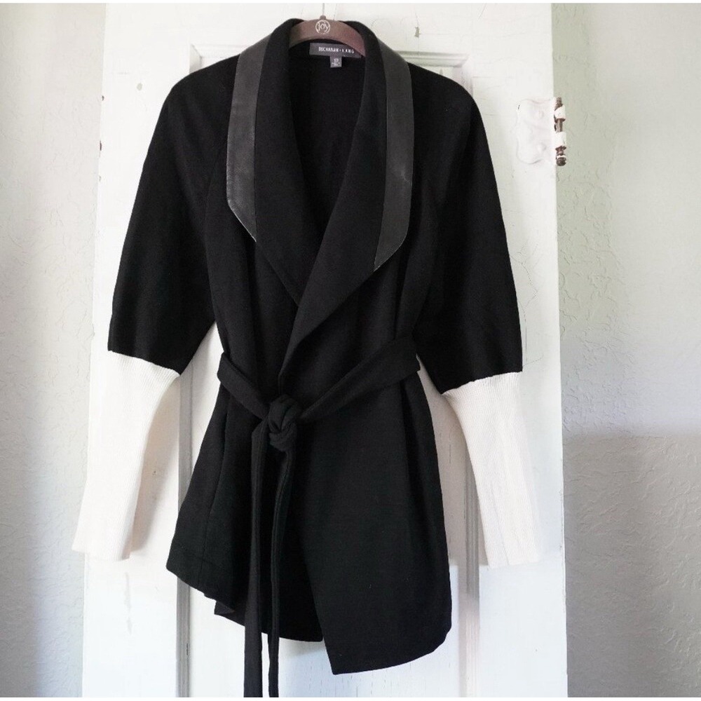 Buchanan-Kang Womens 10 Black White Colorblock Belted Wrap Jacket Leather Trim